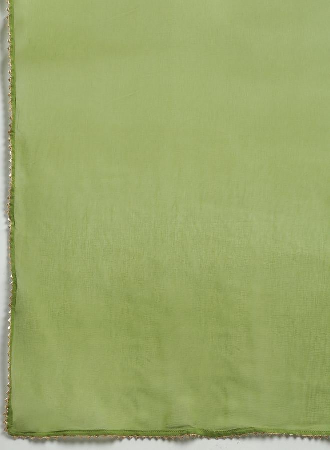 globus Women Green Embroidered A-Line Kurta with Pant and Dupatta Set - Image 5